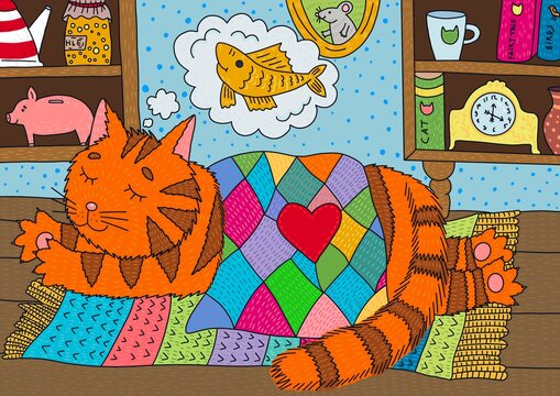 A cute ginger cat sleeps in a cozy home. Vivid digital painting. Illustration for the decor and design of posters, postcards, prints, stickers, invitations, textiles and stationery.
