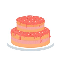 Detailed and bright pink romantic cake, for greeting glazed isolated on white background. Festive element, clipart.