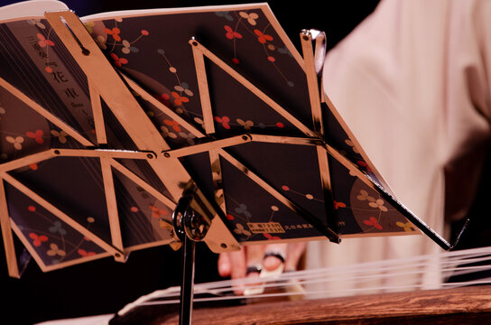 closeup of older woman reading music and playing koto