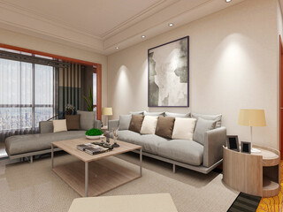  spacious living room design of modern residence, with sofa, tea table, decorative painting, etc