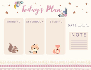 Woodland calendar planner with fox, feather, flower,tiger.Can use for printable,scrapbook,diary