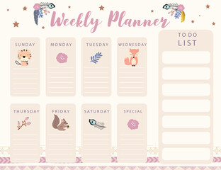 Woodland calendar planner with fox, feather, flower,tiger.Can use for printable,scrapbook,diary