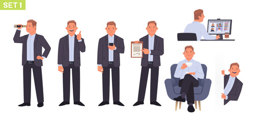 Businessman character set. Man manager in different poses and situations. Videoconference, person drinking tea