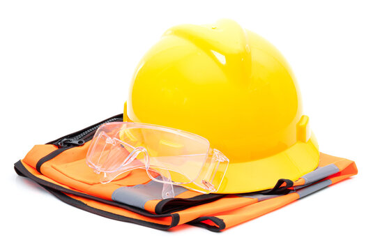 Glasses helmet and an orange shirt industry on a white background