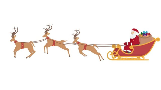 Christmas sleigh with reindeer. Animation of Santa Claus with gifts, alpha channel. Cartoon