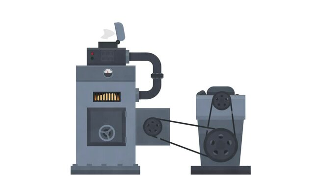 Industrial machine. Animation of the engineering machine, alpha channel enabled. Cartoon. Heating boiler, mechanical transmission and engine
