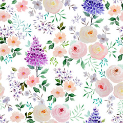 Botanical watercolor seamless pattern. Flowers, roses, magnolias, lilacs, apple trees, cherries, sakura, buds, inflorescences, leaves, twigs. The illustration is hand-drawn with paints. Textile design