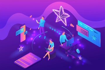Feedback concept with 3d isometric star icon, customer rate product, client satisfaction survey, people review quality of service, purple vector illustration - 390964529