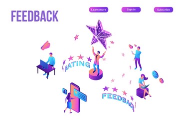Feedback concept with 3d isometric star icon, customer rate product, client satisfaction survey, people review quality of service, purple vector illustration, landing page template