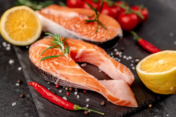 raw salmon steak with spices on a stone background