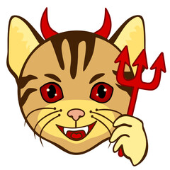 emoji with evil devil cat with horns, cuspids grinning, holding a trident in his hand, Satan or red imp with canine teeth,  vector emoticon on white isolated background