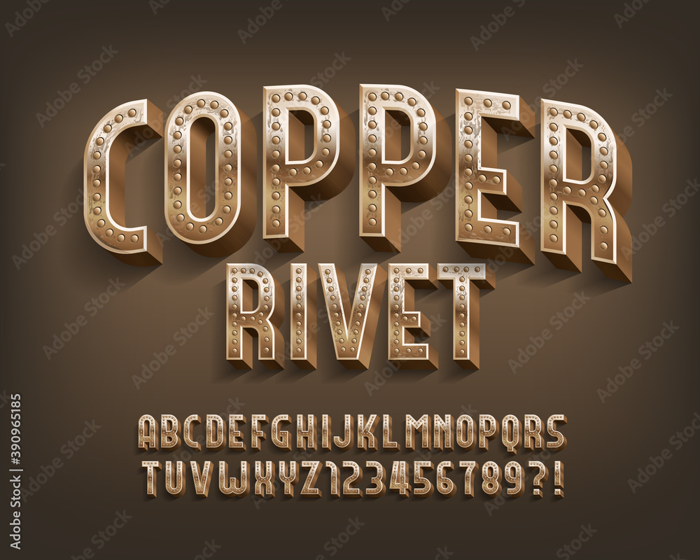 Fototapete copper rivet alphabet font. steampunk threadbare letters and numbers. stock vector typescript for yo