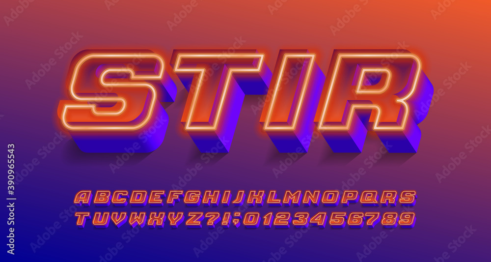 Poster stir alphabet font. neon effect letters and numbers. stock vector typescript for your typography des
