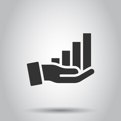 Growth revenue icon in flat style. Diagram with hand vector illustration on white isolated background. Finance increase business concept.