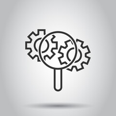 Loupe with gear icon in flat style. Magnifying glass vector illustration on white isolated background. Seo exploration business concept.