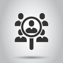 Search job vacancy icon in flat style. Loupe career vector illustration on white isolated background. Find people employer business concept.