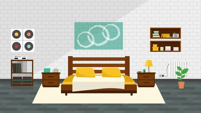 Bedroom with furniture and window. Flat style vector illustration. Cozy interior. Hotel room.