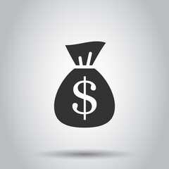 Money bag icon in flat style. Moneybag with dollar vector illustration on white isolated background. Cash sack business concept.