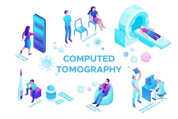 Computed tomography or CT of Covid-19 or Coronavirus patient, isometric 3d vector illustration with doctor in medical face mask watching x-ray with pneumonia, people in medical clinic