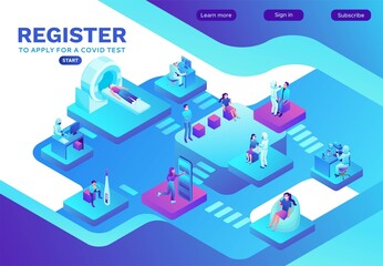 Covid-19 isometric medical concept, Coronavirus vector icon, people in mask doing laboratory swab and blood test, computed tomography, infographic illustration isolated on white backgorund