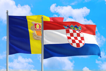 Croatia and Andorra national flag waving in the windy deep blue sky. Diplomacy and international relations concept.