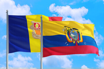Ecuador and Andorra national flag waving in the windy deep blue sky. Diplomacy and international relations concept.