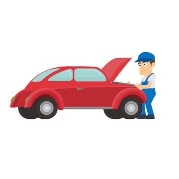 Car repair. The mechanic on repair of cars, vector illustration