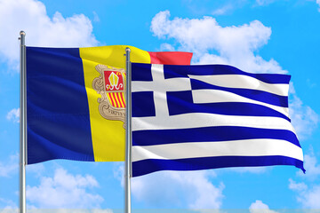 Greece and Andorra national flag waving in the windy deep blue sky. Diplomacy and international relations concept.