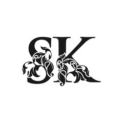 Ornate Luxury Floral Letter S, K, SK Initial Logo Icon, Monogram Floral Leaf Logo Design.