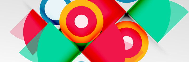 Fototapeta premium Bright color circles, abstract round shapes and triangles composition with shadow effects. Vector modern geometric design template