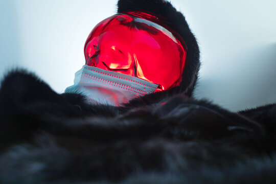 Protective Mask On A Red Glass Mock-up Of A Skeleton's Skull Surrounded By A Black Mink. The Concept Of Genetic Changes Of Coronavirus On Farms Breeding Mink, Cull Millions Of Mink