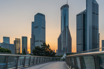 Sunset view of the modern architectures in Lujiazui, Shanghai, China.