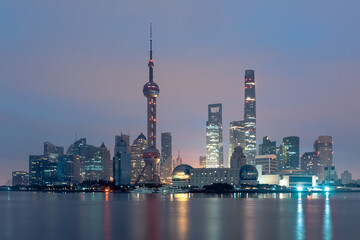 Lujiazui, the financial district in Shanghai, China, before sunrise.