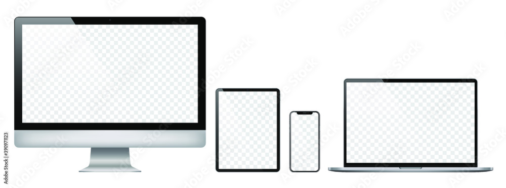 Wall mural realistic set of 2020 new design thin frame computer monitor, laptop, tablet, smart phone - eps 10 v