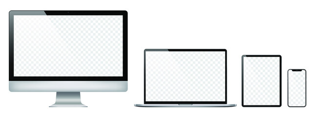 Realistic set of 2020 new design thin frame Computer monitor, laptop, tablet, smart phone - Eps 10 Vector template mock up.