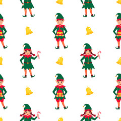 Funny Christmas elves. New Year's seamless pattern