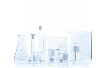 Realistic Glass Laboratory Equipment Set. Flasks and measuring beaker for science experiment in laboratory