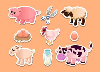 Set of cute livestock vector sticker with 9 various graphic assets