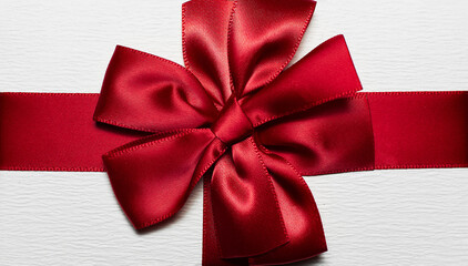 Close-up of red wrapping ribbon in shape of bow for white gift box.