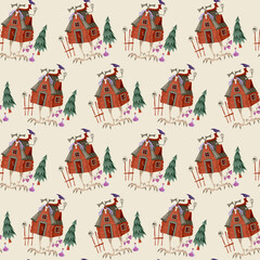 Baba Yaga House .Old witch from Slavic folklore. Fairytale  hut standing on chicken legs. Seamless background pattern. Vector illustration
