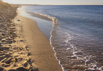 Salento coast: Lido Marini beach, almost sandy and embellished with low cliffs, easy to reach, stretches for more than two kilometres, in the area of the municipalities of Salve and Ugento in Puglia.