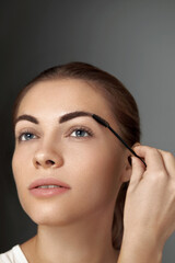 Eyebrow makeup.  Beauty model shaping brows with brush eyebrow closeup . Beautiful sexy woman with professional makeup contouring eyebrows