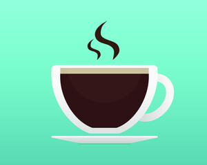 Coffee cup with steam on blue background, vector flat design object.