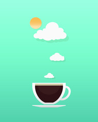 Cup of coffee with clouds and sunrise on blue background