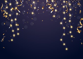 christmas light banner with gold confetti