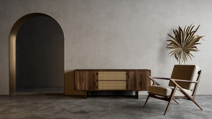 Modern minimalistic interior with arch, dresser, lounge chair and decor. 3d render illustration mockup. © YKvisual