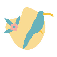 Vector composition with blue parrot, yellow abstract shapes, flower and leaves. Can be used to decorate children's clothes, notebooks, postcards, cups, dishes, fabrics, covers