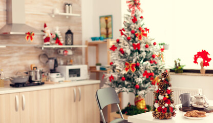 Empty beautiful modern kitchen with delicious cookies for winter holiday. Kitchen on christmas day with nobody in the room decorated with x-mas tree and garlands