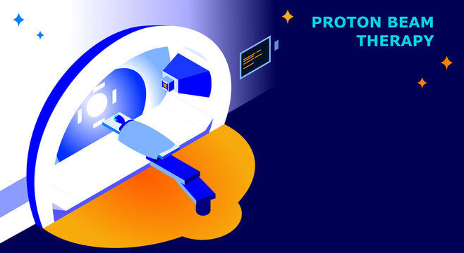 A Patient Is Receiving Radiotherapy Treatment On A Proton Beam Machine. Vector Colorful Flat Isometric Illustration. 