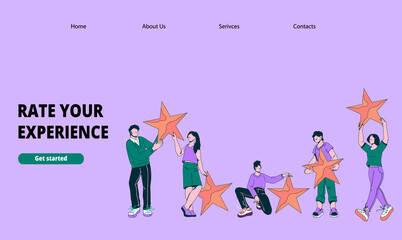 Customers experience rate web banner with cartoon people rating services or goods on five points scale. Clients review and feedback website interface template, cartoon vector illustration.
